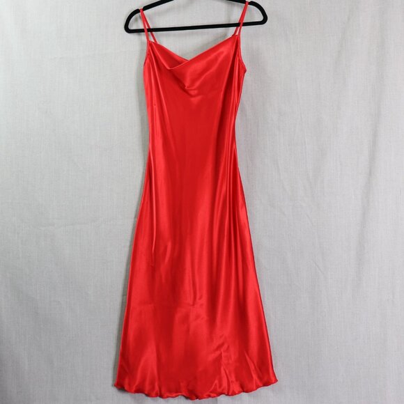 Y2K Bebe Red Satin Slip Midi Dress XS Cowl Neck Spaghetti Straps Made in USA - Picture 1 of 12